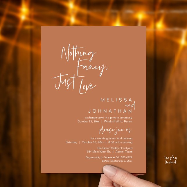 Invitation Rien de Fantastique Juste de l'Amour, Dîner de Mar (Nothing Fancy Just Love, Modern Wedding Reception Dinner Lunch Brunch Invites Card in Copper Brown)