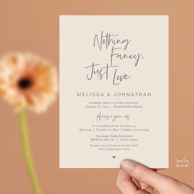 Invitation Rien de Fantastique Juste de l'Amour, Dîner de Mar (Nothing Fancy Just Love, Modern Wedding Reception Dinner Lunch Brunch Invites Card in Cream Grey)