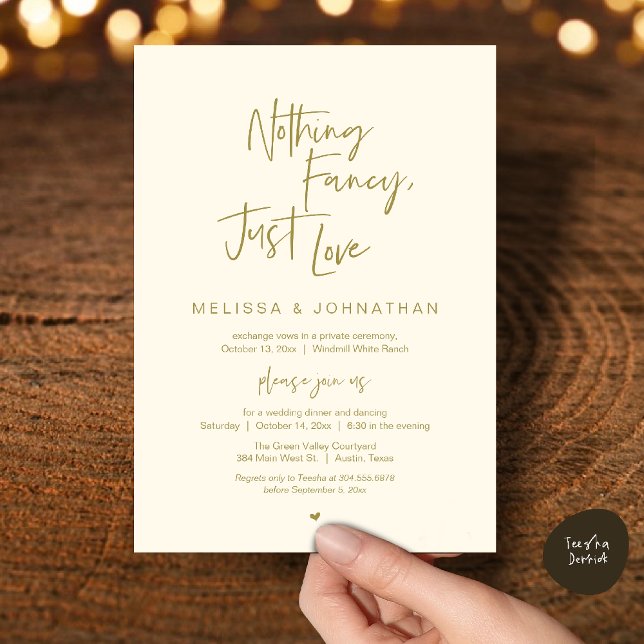 Invitation Rien de Fantastique Juste de l'Amour, Dîner de Mar (Nothing Fancy Just Love, Modern Wedding Reception Dinner Lunch Brunch Invites Card in Yellow Gold)