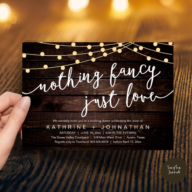 Invitation Rien de Fantastique, Juste de l'Amour, Dîner de Ré (Nothing Fancy, Just Love, Wedding Reception Dinner Invitation Card String Lights Brown Wood)