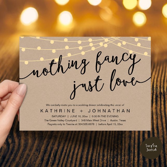 Invitation Rien de Fantastique, Juste de l'Amour, Dîner de Ré (Nothing Fancy, Just Love, Wedding Reception Dinner Invitation Card String Lights Brown Kraft)