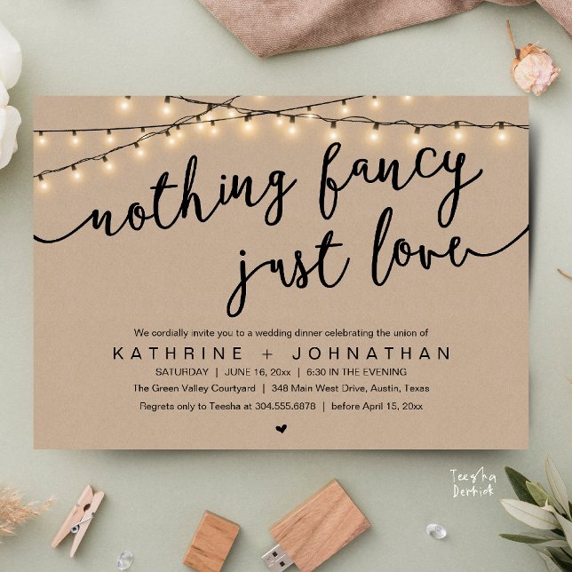 Invitation Rien de Fantastique, Juste de l'Amour, Dîner de Ré (Nothing Fancy, Just Love, Wedding Reception Dinner Invitation Card String Lights Brown Kraft)