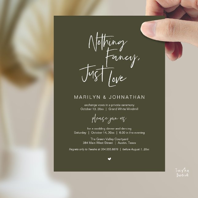 Invitation Rien de Fantastique Juste de l'Amour, Dîner de Réc (Nothing Fancy Just Love, Modern Reception Dinner Invitation Card in Olive Green)