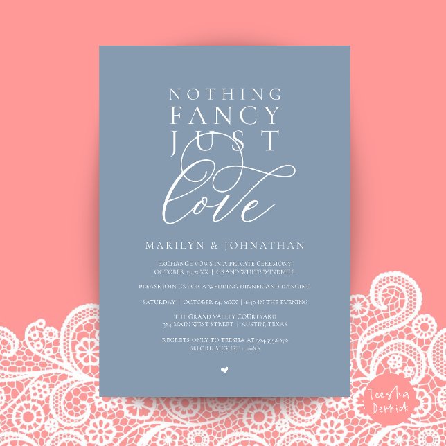 Invitation Rien de Fantastique Juste de l'Amour, Dîner de Réc (Nothing Fancy Just Love, Modern Reception Dinner Invitation Card in Dusty Blue)