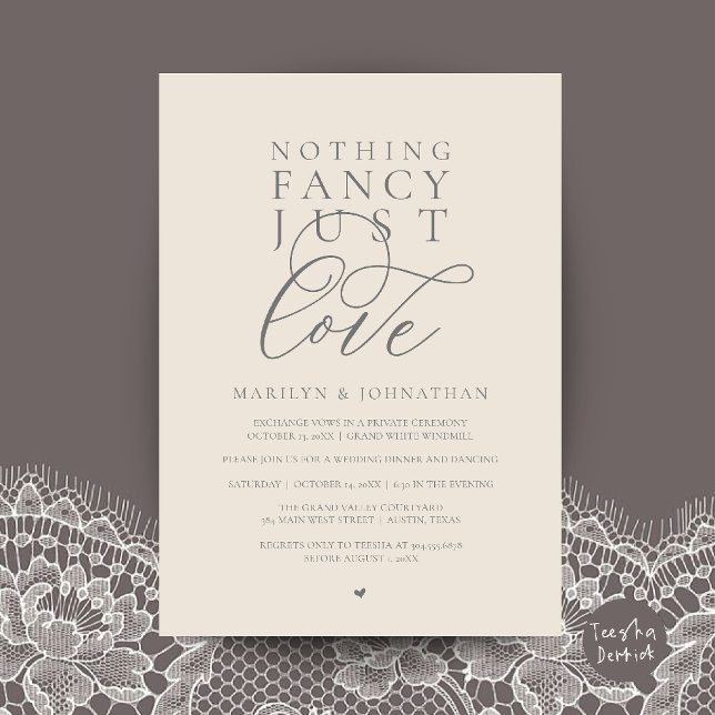 Invitation Rien de Fantastique Juste de l'Amour, Dîner de Réc (Nothing Fancy Just Love, Modern Reception Dinner Invitation Card in Cream and Grey)