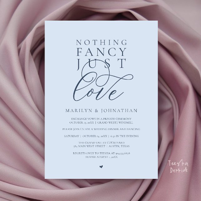 Invitation Rien de Fantastique Juste de l'Amour, Dîner de Réc (Nothing Fancy Just Love, Modern Reception Dinner Invitation Card in Dusty Blue Romance)