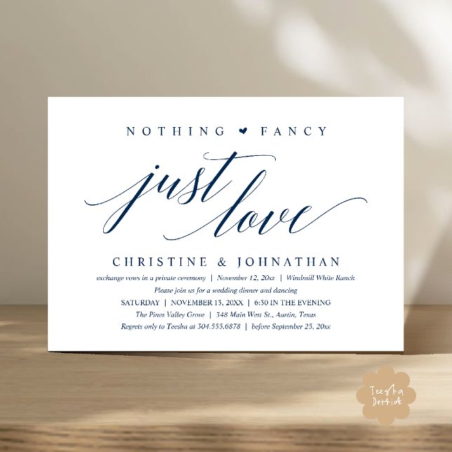Invitation Rien de Fantastique, Juste de l'Amour, Réception (Modern Classy Nothing Fancy, Just Love, Wedding Reception Dinner Invitation Card in Navy Blue)