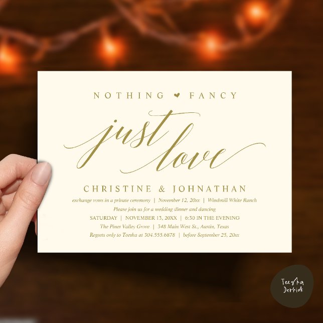 Invitation Rien de Fantastique, Juste de l'Amour, Réception (Modern Classy Nothing Fancy, Just Love, Wedding Reception Dinner Invitation Card in Yellow Gold)
