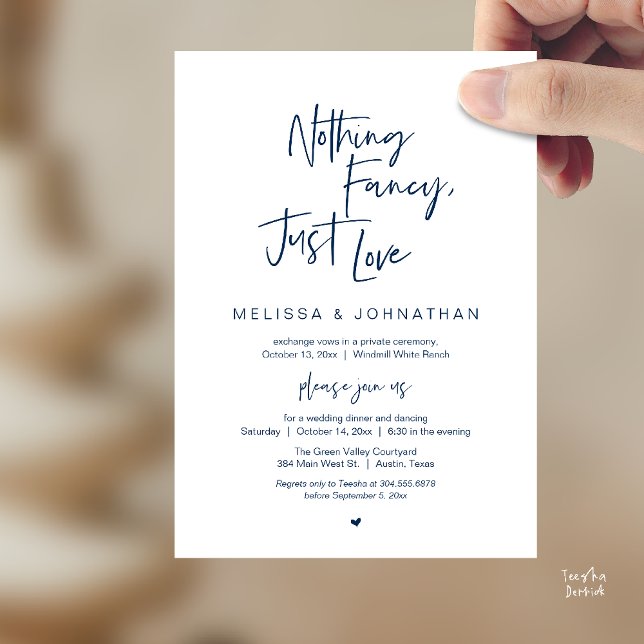 Invitation Rien de Fantastique, Juste de l'Amour, Réception d (Nothing Fancy Just Love, Modern Wedding Reception Dinner Lunch Brunch Invites Card Navy Blue)