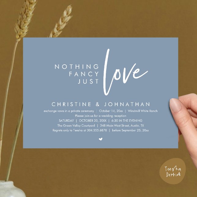 Invitation Rien de Fantastique, Juste de l'Amour, Réception d (Nothing Fancy, Just Love, Modern Wedding Reception Dinner Lunch Brunch Invitation Card Dusty Blue)