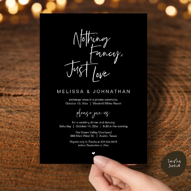 Invitation Rien de Fantastique Juste de l'Amour, Réception de (Nothing Fancy Just Love, Modern Wedding Reception Dinner Lunch Brunch Invites Card Classy Black)