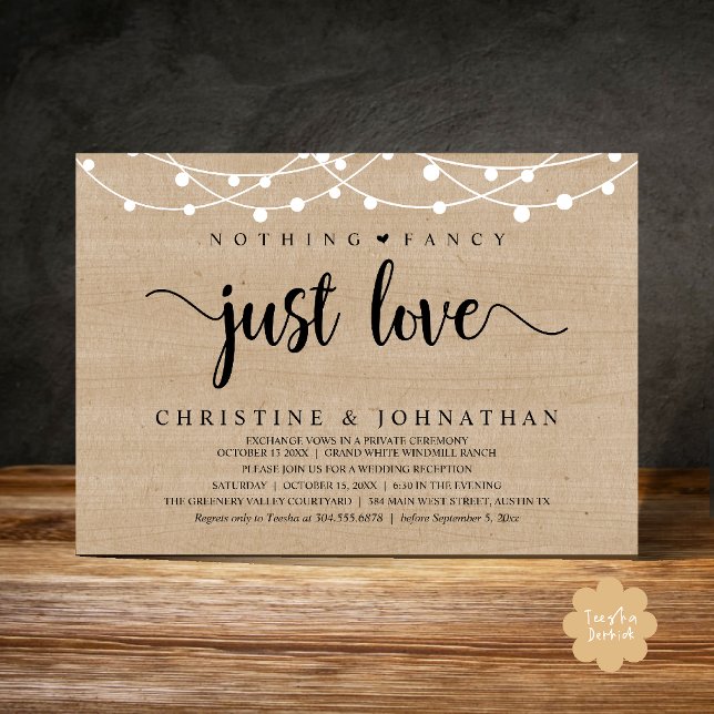 Invitation Rien de Fantastique Juste de l'Amour, Réception de (Nothing Fancy Just Love, Rustic String Lights Wedding Reception Invitation card in brown wood)