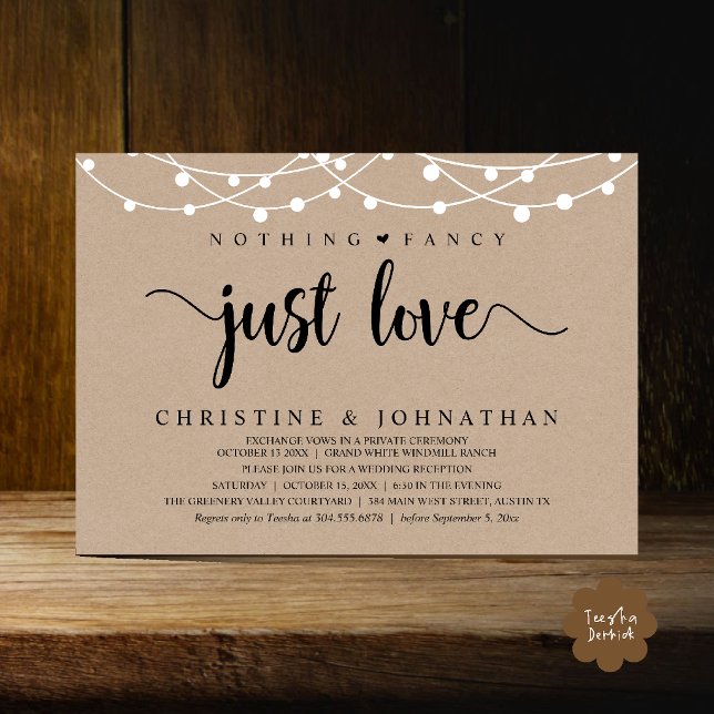 Invitation Rien de Fantastique Juste de l'Amour, Réception de (Nothing Fancy Just Love, Rustic String Lights Wedding Reception Invitation card in brown kraft)