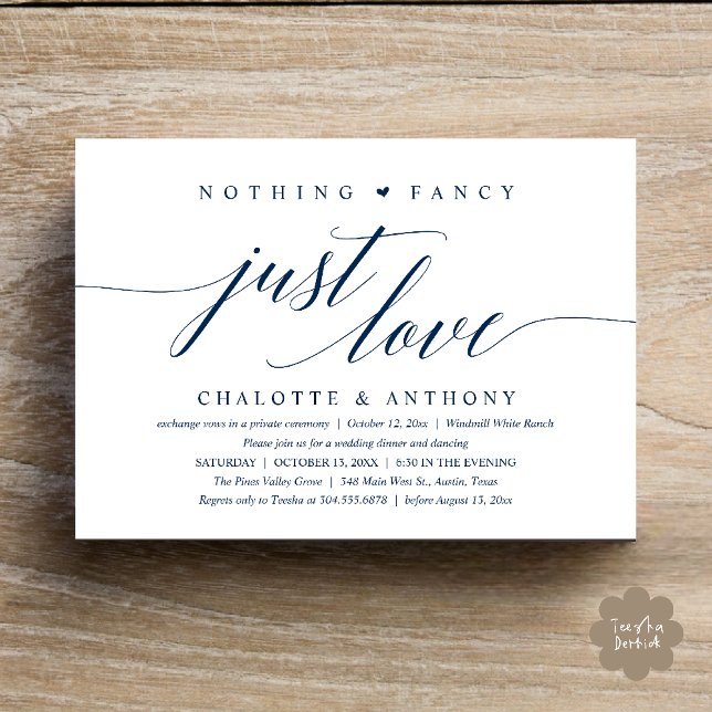 Invitation Rien de Fantastique, Juste de l'Amour, Réception M (Modern Classy Nothing Fancy, Just Love, Wedding Reception Dinner Invitation Card in Navy Blue)