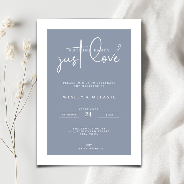 Invitation Rien de Fantastique Juste un Élégant Mariage Pouss (Nothing fancy just love minimalist wedding invitation in dusty blue color)