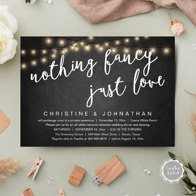 Invitation Rien de Fantastique, Juste un Mariage Rustique de  (Nothing Fancy, Just Love Rustic Wedding Dinner Invitation Card PDF String Lights Grey Chalkboard)