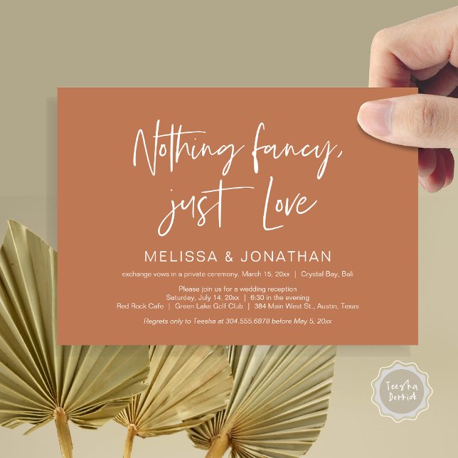 Invitation Rien de spécial, juste amour, mariage en fuite, fê (Nothing Fancy Just Love, Wedding Elopement Dinner Party Invitation Card, PDF, Earthy, Copper, Rust)
