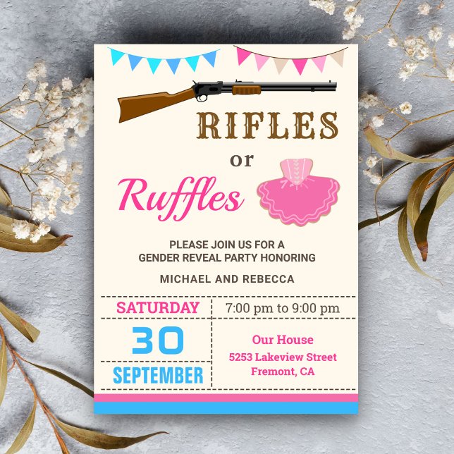 Invitation Rifles ou Ruffles Genre Revevela Party (Créateur téléchargé)