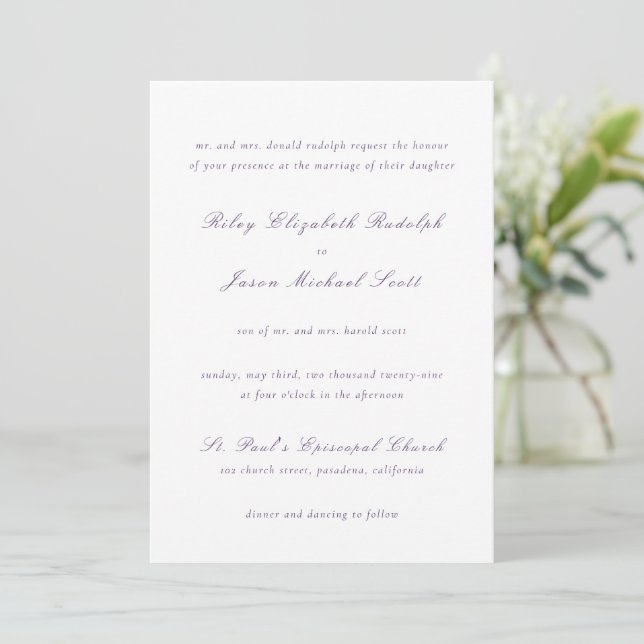Invitation Riley Purple Mariage élégant (Debout devant)