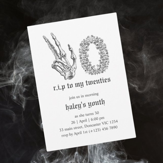 Invitation RIP 20 ans Gothique Crâne Squelette 30e Anniversai (Créateur téléchargé)