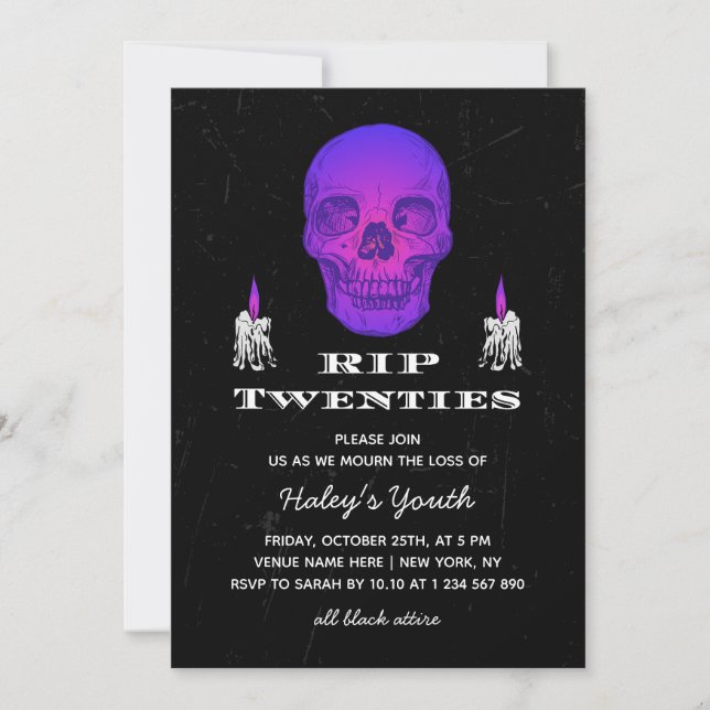 Invitation RIP 20 ans Vingt ans Crâne Violet Gothique 30e Ann (Devant)