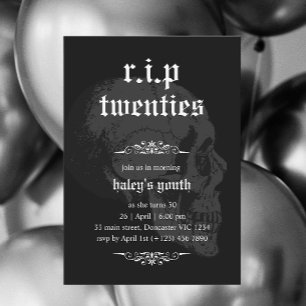 Invitation RIP 20s Années Goth Skull Funérailles 30e annivers