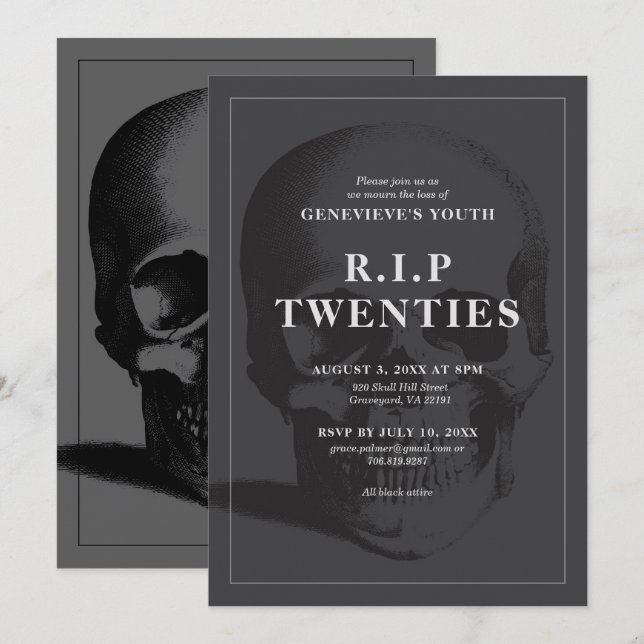Invitation RIP 20's RIP Twenties RIP Youth Death Party (Devant / Derrière)