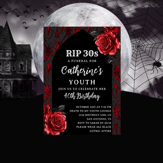 Invitation RIP 30 ans Roses rouges gothiques Funérailles 40e  (Créateur téléchargé)