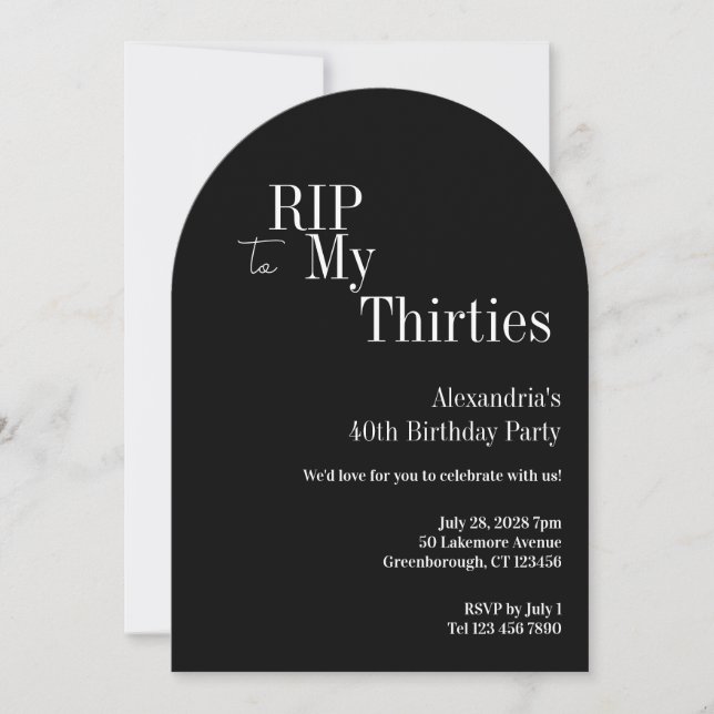 Invitation RIP 30s 40th Birthday Black and White Party (Devant)