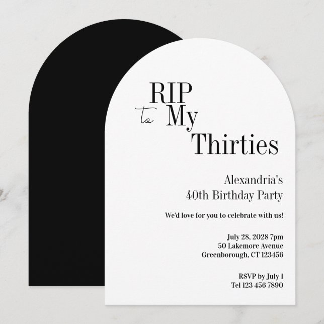 Invitation RIP 30s 40th Birthday Black White Minimal Party (Devant / Derrière)