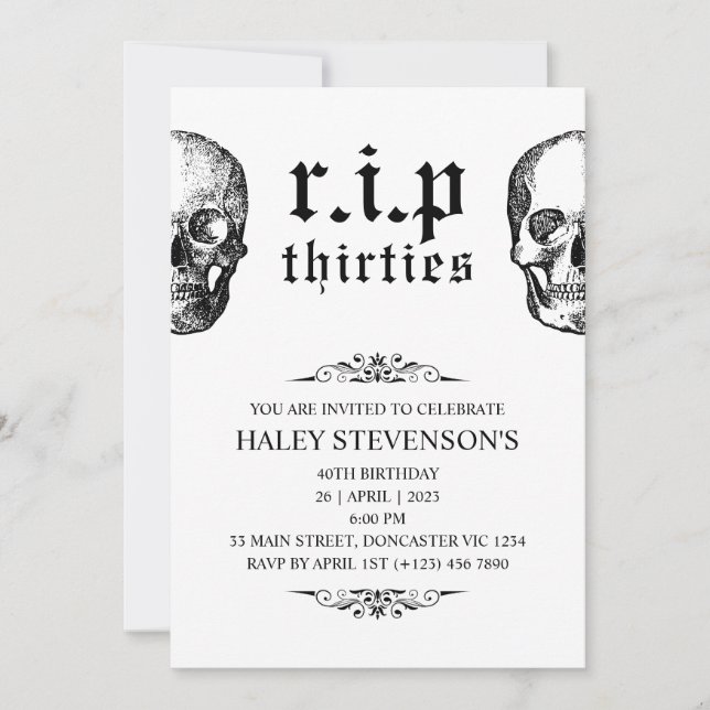 Invitation RIP 30s Années 1920 Funny Funeral Skull 40th Birth (Devant)