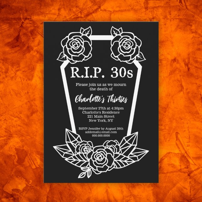 Invitation Rip 30s Black Rose Coffin 40e fête d'anniversaire (Rip 30s Black Roses Coffin 40th Birthday Party Invitation
)