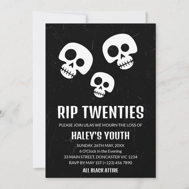 Invitation RIP Années 20 Crâne Drôle Funérailles 30e Annivers (Devant)