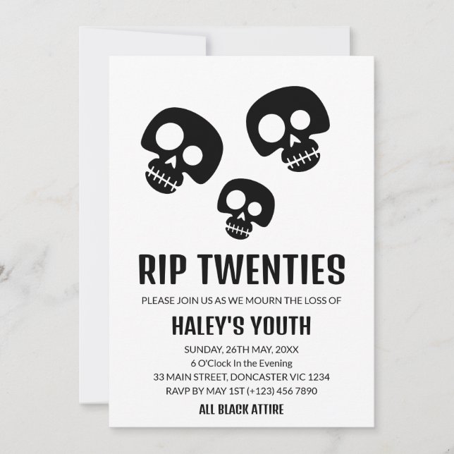 Invitation RIP Années 20 Skull Funny Funeral 30th Birthday (Devant)