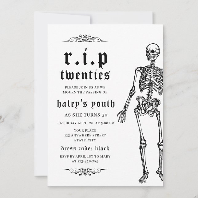 Invitation RIP Années 20's Drôle Skeleton 30e Anniversaire (Devant)