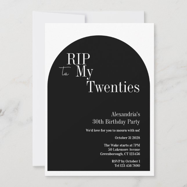 Invitation RIP gothique 20s 30e fête d'anniversaire Noir et b (Devant)
