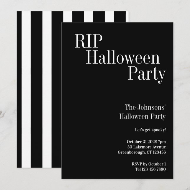 Invitation RIP Halloween Party Black and White Stripe (Devant / Derrière)