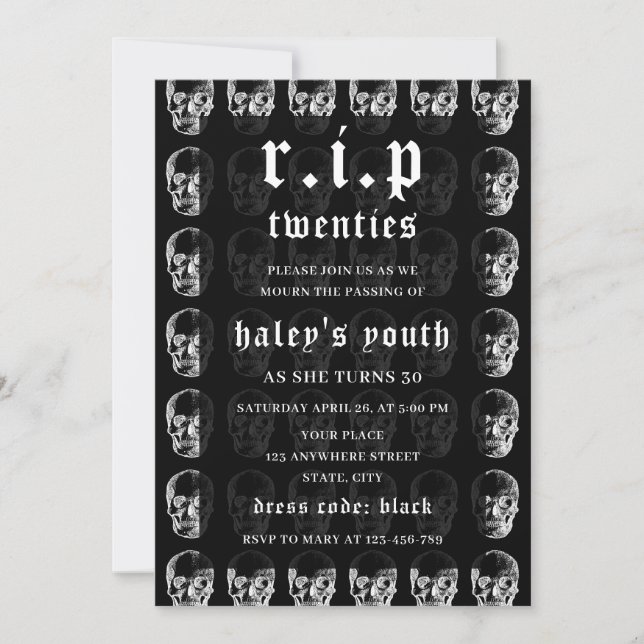 Invitation RIP Twenties 20 ans drôle crâne de mort 30e annive (Devant)