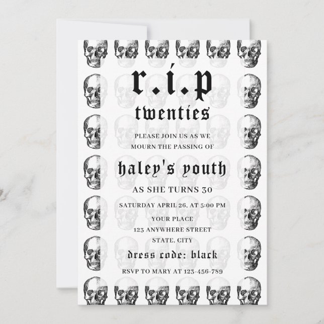 Invitation RIP Twenties 20 ans drôle crâne de mort 30e annive (Devant)