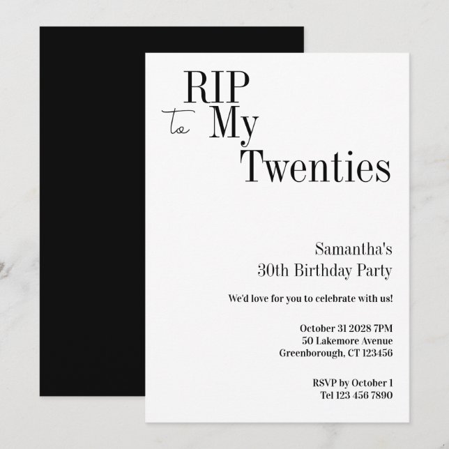 Invitation RIP Twenties 30th Birthday Party Minimal (Devant / Derrière)