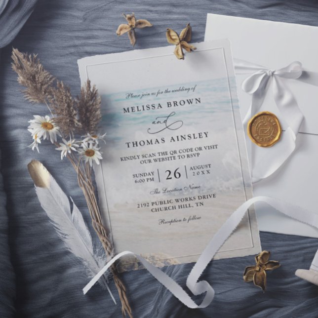 Invitation Rippled Sand Aqua Water Modern QR Code Wedding (Créateur téléchargé)
