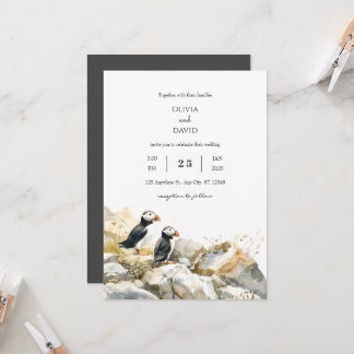 Invitation Rive rocheuse avec Puffins Couple Beach Wedding