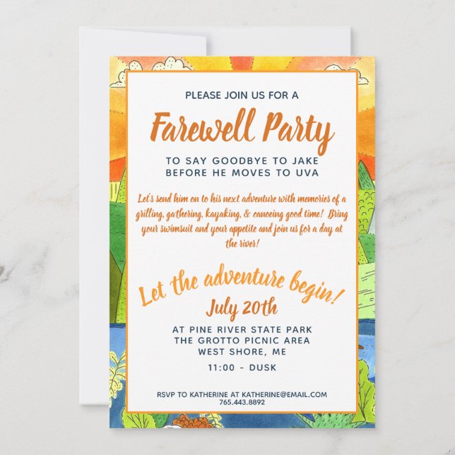 Invitation River Adventure Farewell Party Illustrated Nature (Dos)