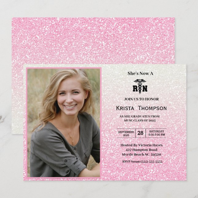 Invitation RN Graduation Party Photo Parties scintillant rose (Devant / Derrière)