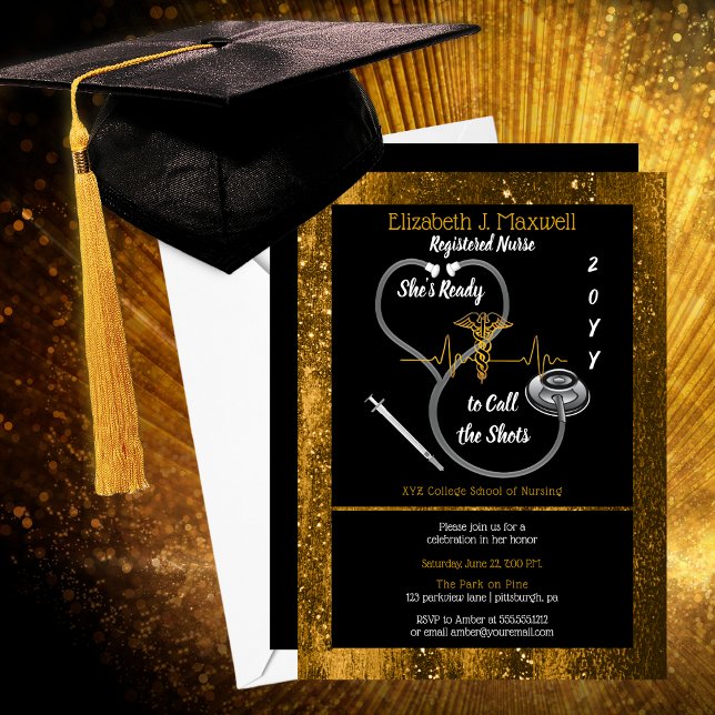 Invitation RN Graduation Party She's Ready to Call the Shots (RN Graduation Party "She's Ready to Call the Shots" Black and Faux Gold Invitation)