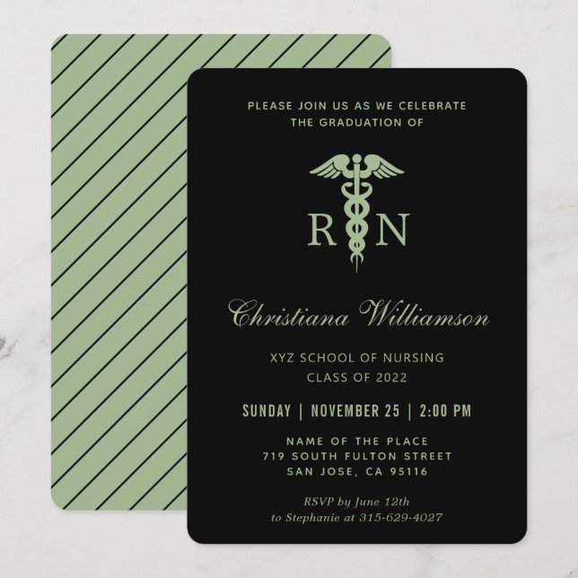Invitation RN Infirmière inscrite Caduceus Graduation minimal (Devant / Derrière)