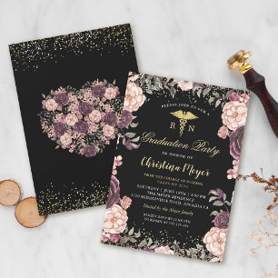 Invitation RN Nuring Graduation Party Bourgogne Floral Noir