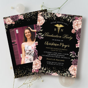 Invitation RN Nuring Photo Graduation Party Bourgogne Floral