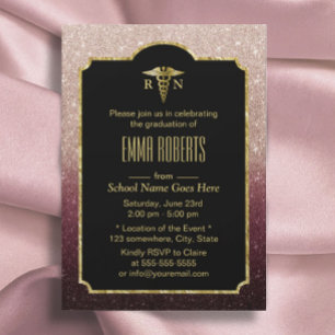 Invitation RN Nurse Graduation Moderne Bourgogne Rose Or