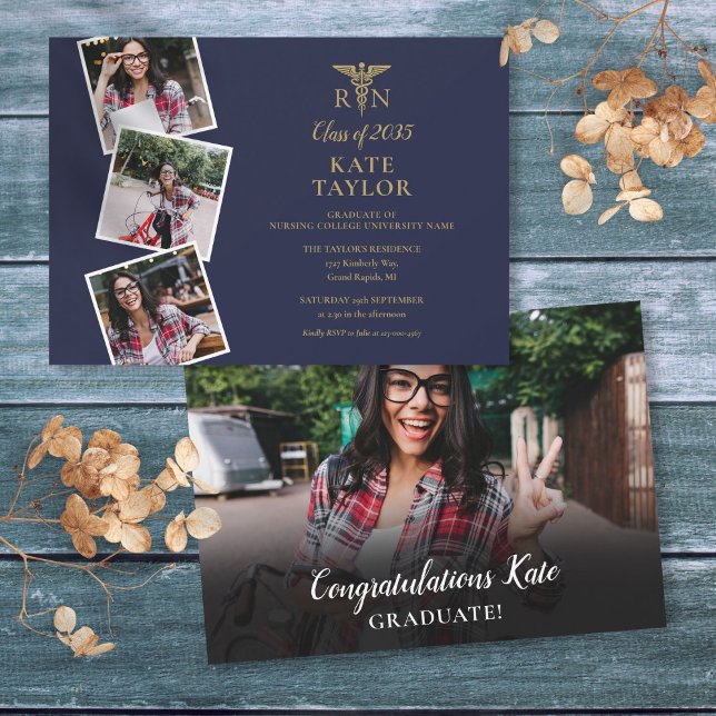 Invitation RN Nursing 4 Photo Graduation Marine Gold (RN Nursing 4 Photo Graduation Navy Gold Invitation)